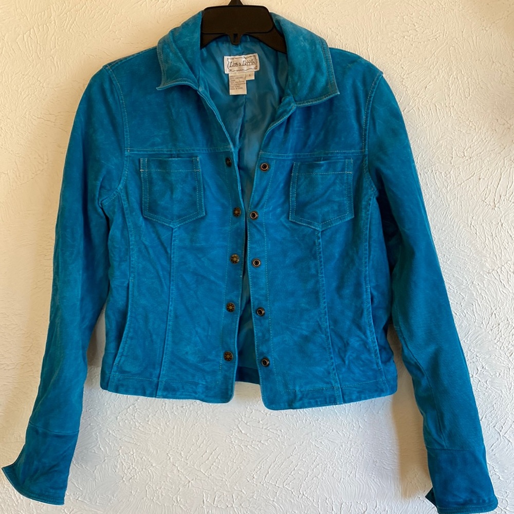 Live a little 100% leather jacket. Teal. Excellent condition. Small.